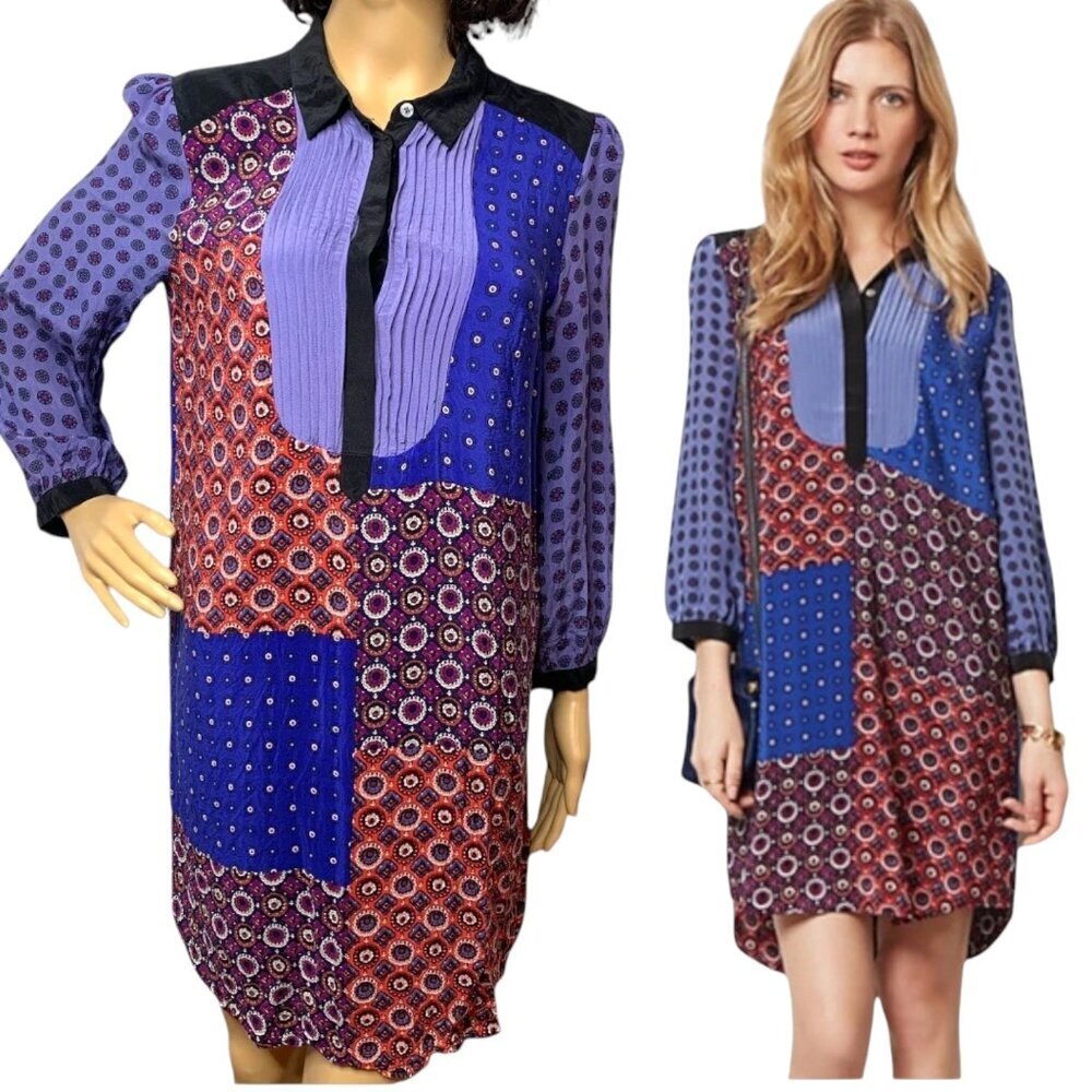 Anthropologie 100% Silk Moulinette Souers Patchwork Shirt Dress S Boho 70s Mod